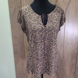 Womens Brown Print Tie-Neck Short Sleeve Peasant Top M